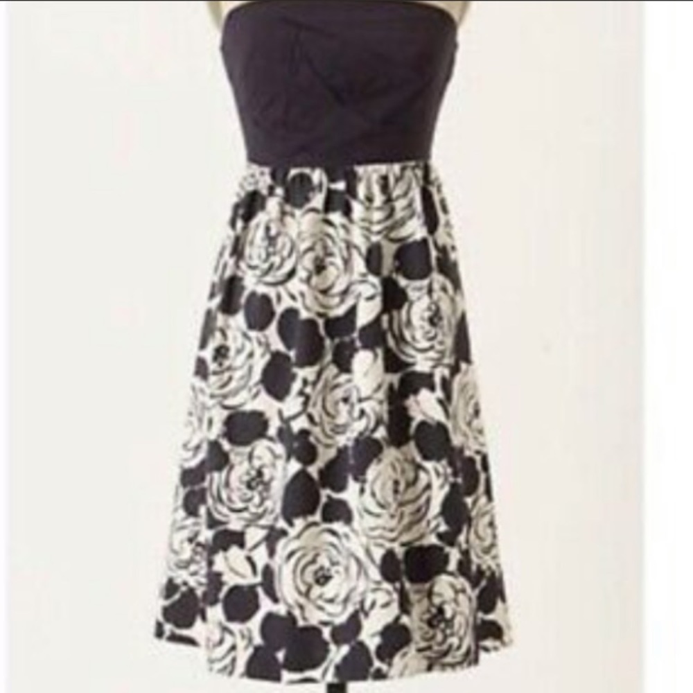 Anthropologie Deletta‎ Size XS Black Floral Strapless Mini Dress